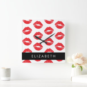 Red Lips, Red Lipstick, Pattern Of Lips, Your Name Square Wall Clock