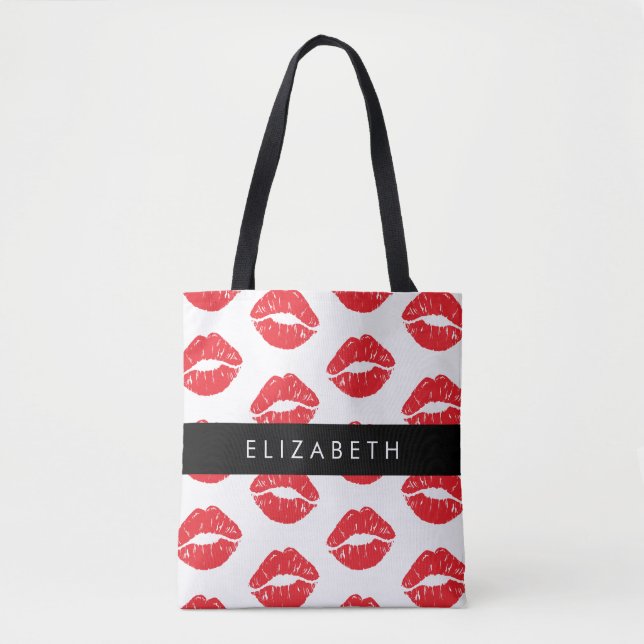 Red Lips, Red Lipstick, Pattern Of Lips, Your Name Tote Bag (Front)
