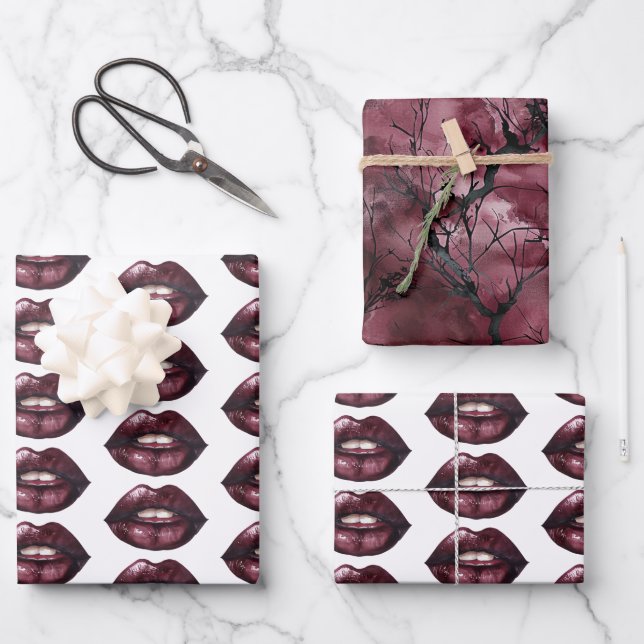 Red Lips Sky Branches Wrapping Paper Sheets (Front)