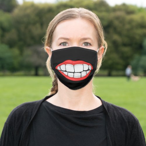 red lips smile on black adult cloth face mask
