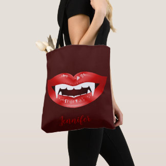 Red Lips Vampire Mouth Illustrated And Custom Name Tote Bag