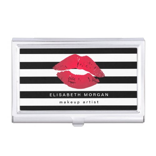 Red Lips with Black White Stripes _ Makeup Artist Business Card Case