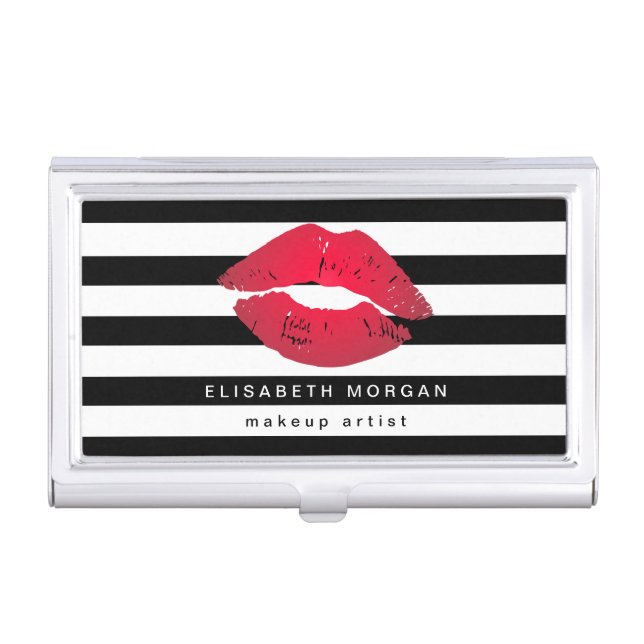 Red Lips with Black White Stripes - Makeup Artist Business Card Case (Front)