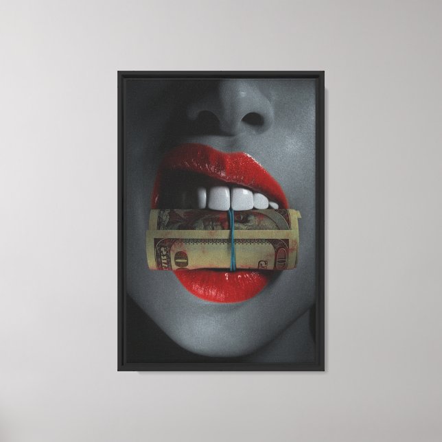Red Lips with Cash Framed Canvas Wall Art (Front)