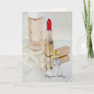 Red lipstick and jewelry birthday card