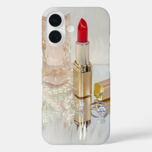 red lipstick and jewelry on mirror iPhone 16 case