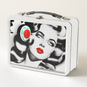 Red Lipstick B&W Vintage Lady Metal Lunch Box