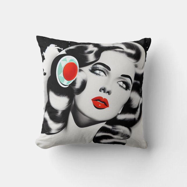 Red Lipstick B&W Vintage Lady Throw Pillow (Front)