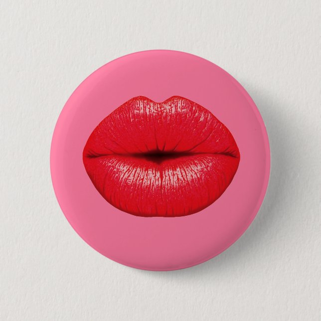 Red Lipstick big pop art lips on girly pink Button (Front)