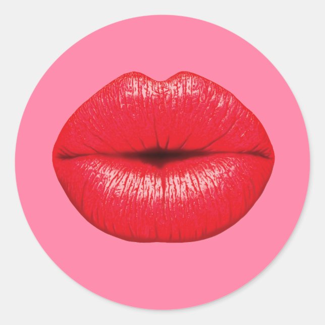 Red Lipstick big pop art lips on girly pink Classic Round Sticker (Front)
