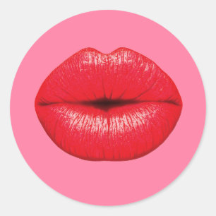 Red Lipstick big pop art lips on girly pink Classic Round Sticker