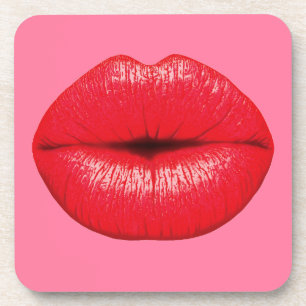 Red Lipstick big pop art lips on girly pink Drink Coaster