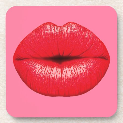 Red Lipstick big pop art lips on girly pink Drink Coaster