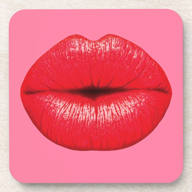 Red Lipstick big pop art lips on girly pink Drink Coaster (Front)