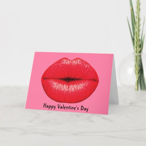 Red Lipstick big pop art lips on girly pink Holiday Card