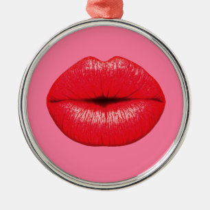 Red Lipstick big pop art lips on girly pink Metal Ornament