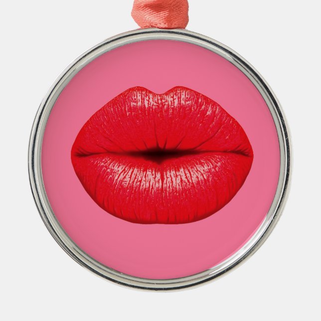 Red Lipstick big pop art lips on girly pink Metal Ornament (Front)