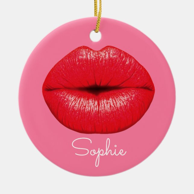 Red Lipstick big pop art lips on girly pink name Ceramic Ornament (Front)