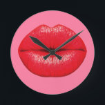 Red Lipstick big pop art lips on girly pink Round Clock<br><div class="desc">A design based on pop art of large red lips with lipstick supersized against a girly candy pink colored background. The background color can be customized and changed to any bright color that would suit yout décor.</div>