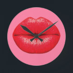Red Lipstick big pop art lips on girly pink Round Clock<br><div class="desc">A design based on pop art of large red lips with lipstick supersized against a girly candy pink colored background. The background color can be customized and changed to any bright color that would suit yout décor.</div>