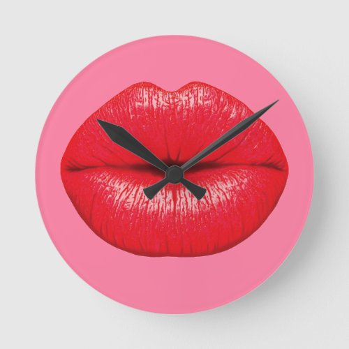 Red Lipstick big pop art lips on girly pink Round Clock