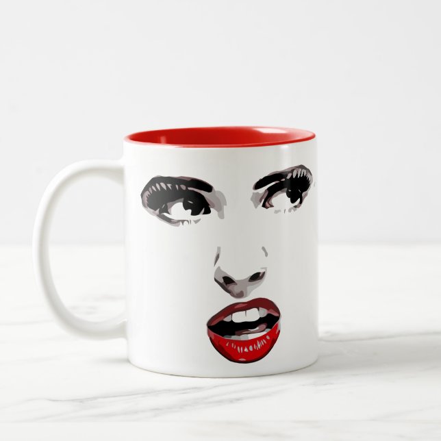 Red Lipstick Dark Eyed Woman makeup Beauty Art Two-Tone Coffee Mug (Left)