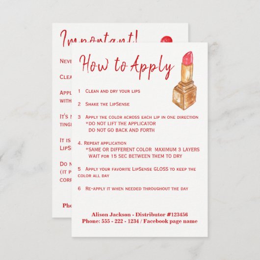 Red lipstick distributor application instructions (Front/Back)