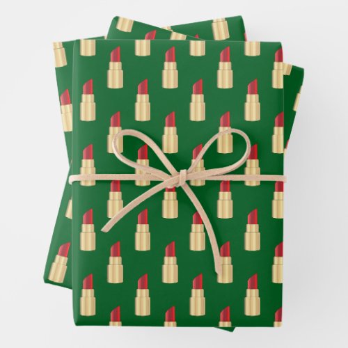 Red Lipstick Drawing Art Green Wrapping Paper Sheets