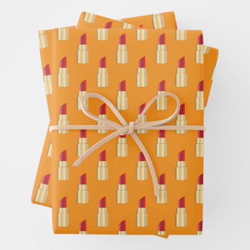 Red Lipstick Drawing Art Orange Wrapping Paper Sheets