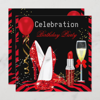 Red Lipstick Glitter Zebra Birthday Party Invitation
