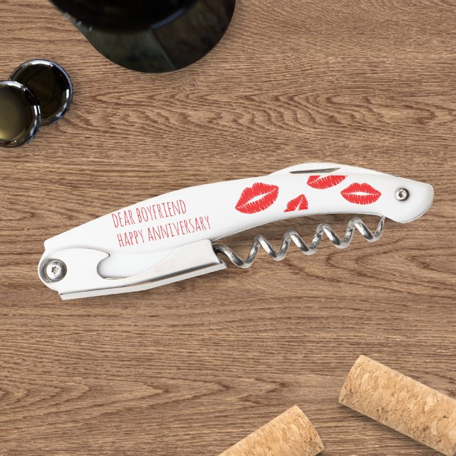 Red Lipstick Kiss Dear Boyfriend Happy Anniversary Waiter's Corkscrew (Perfect gift for your boyfriend (or girlfriend) for Anniversaries and Valentines Day)