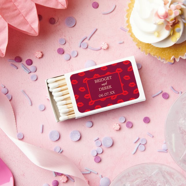 Red Lipstick Kiss Marks Personalised Wedding Matchboxes (Insitu)