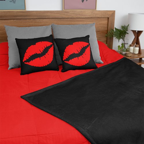 Red Lipstick Kiss on Black Throw Pillow