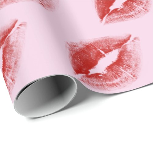 Red Lipstick Kiss on Pink Wrapping Paper