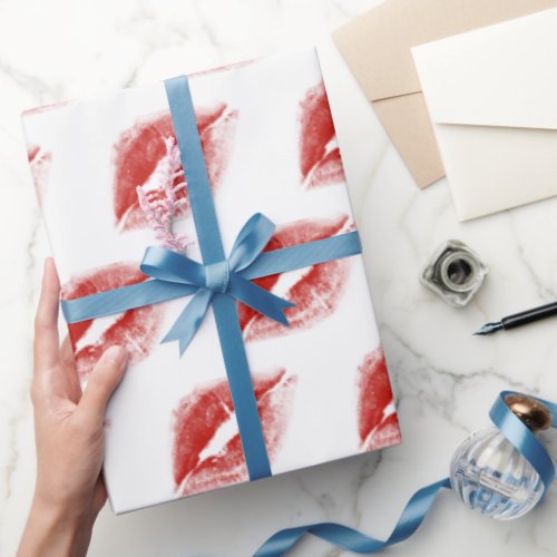 Red Lipstick Kiss on White Wrapping Paper
