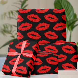 Red Lipstick Kiss Pattern Black Wrapping Paper