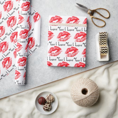 Red Lipstick Kisses and I Love You  Wrapping Paper