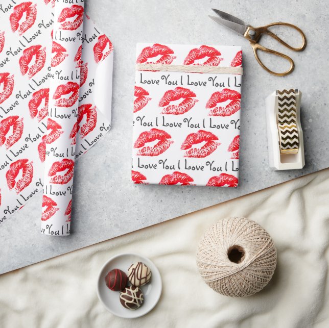 Red Lipstick Kisses and I Love You  Wrapping Paper (Crafts)