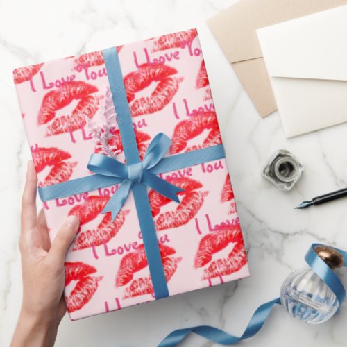 Red Lipstick Kisses I Love You Wrapping Paper