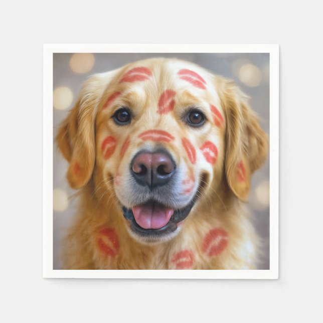 Red Lipstick Kisses On a Golden Retriever Napkins (Front)
