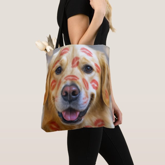 Red Lipstick Kisses On a Golden Retriever Tote Bag (Close Up)