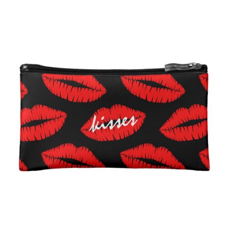 Red Lipstick Kisses On Black Small Cosmetic Bag