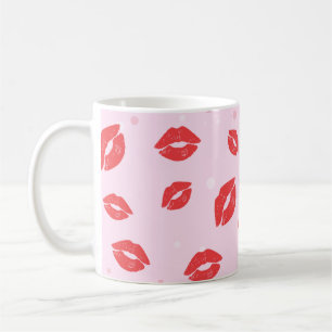 Red Lipstick Kisses on Pink Background Pattern Coffee Mug