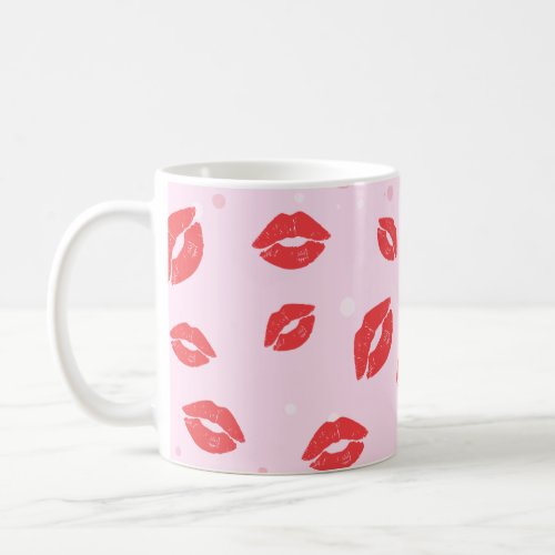 Red Lipstick Kisses on Pink Background Pattern  Coffee Mug
