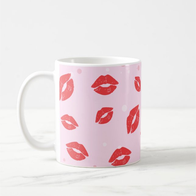 Red Lipstick Kisses on Pink Background Pattern  Coffee Mug (Left)