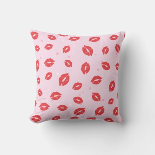 Red Lipstick Kisses on Pink Background Pattern Throw Pillow