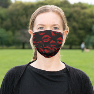 Red Lipstick Kissing Lips on Black Adult Cloth Face Mask