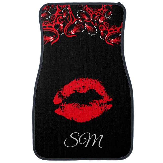 Red Lipstick Lips Monogram Initials on Black  Car Floor Mat (Front)