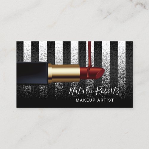 Red Lipstick Makeup Artist Modern Black Stripes Business Card