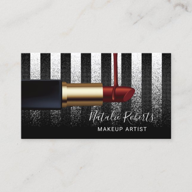 Red Lipstick Makeup Artist Modern Black Stripes Business Card (Front)